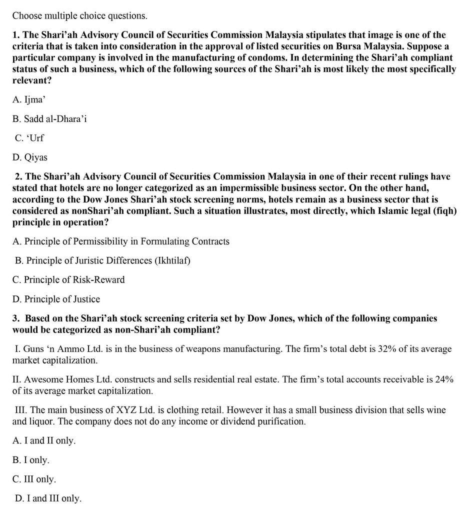 Choose Multiple Choice Questions 1 The Shari Ah Advisory Council Of Securities Commission Malaysia Stipulates That Ima 1