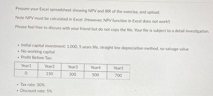 Prepare Your Excel Spreadsheet Showing Npv And Irr Of The Exercise And Upload Note Npv Must Be Calculated In Excel H 1