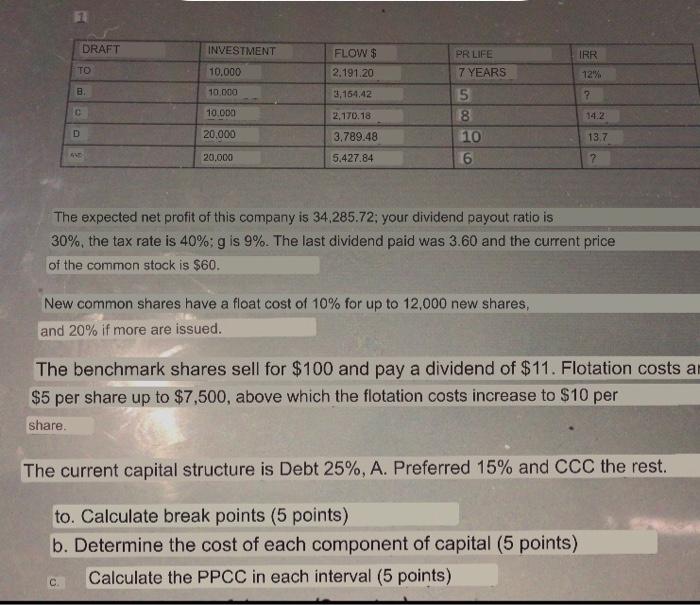 1 Draft Investment Irr Flow 2 191 20 Pr Life 7 Years To 10 000 12 B 10 000 3 154 42 2 C 10 000 14 2 2 170 18 3 789 4 1
