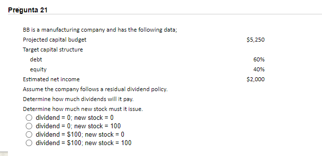 Pregunta 21 5 250 60 40 2 000 Bb Is A Manufacturing Company And Has The Following Data Projected Capital Budget Tar 1