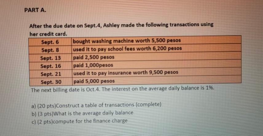 Part A After The Due Date On Sept 4 Ashley Made The Following Transactions Using Her Credit Card Sept 6 Bought Washi 1