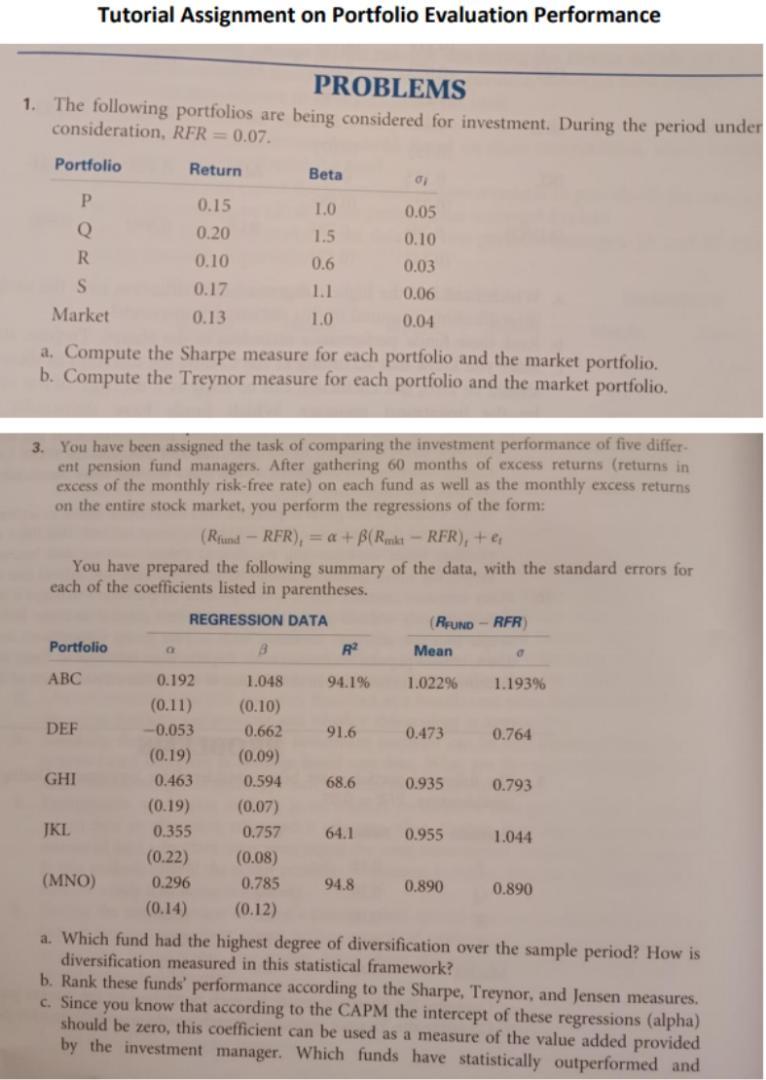 Tutorial Assignment On Portfolio Evaluation Performance Problems 1 The Following Portfolios Are Being Considered For In 1