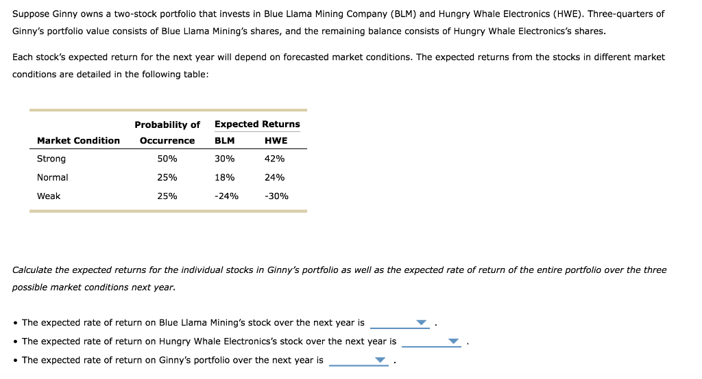 Suppose Ginny Owns A Two Stock Portfolio That Invests In Blue Llama Mining Company Blm And Hungry Whale Electronics H 1
