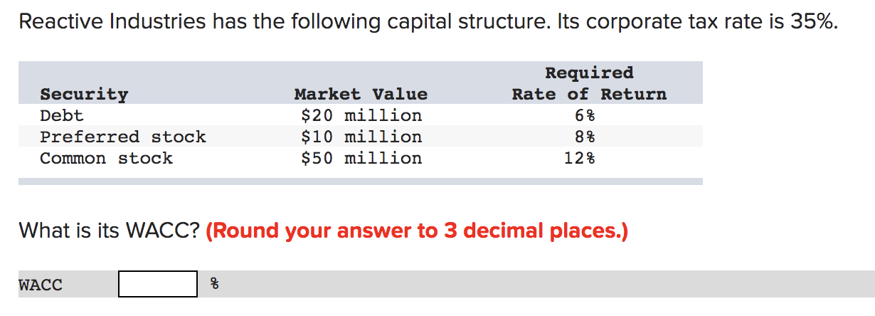 Reactive Industries Has The Following Capital Structure Its Corporate Tax Rate Is 35 Security Debt Preferred Stock Co 1