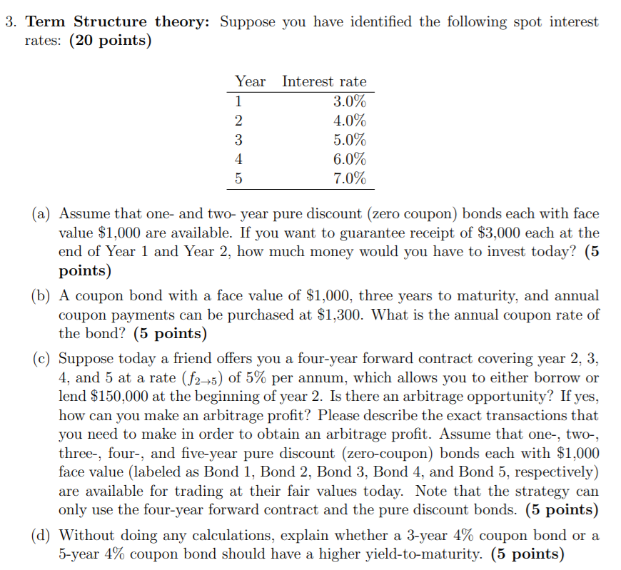 3 Term Structure Theory Suppose You Have Identified The Following Spot Interest Rates 20 Points Year 1 2 3 4 5 Inte 1