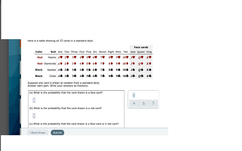 Here Is A Table Showing All 52 Cards In A Standard Deck Face Cards Color Suit Ace Two Three Four Five Six Seven Eight N 1