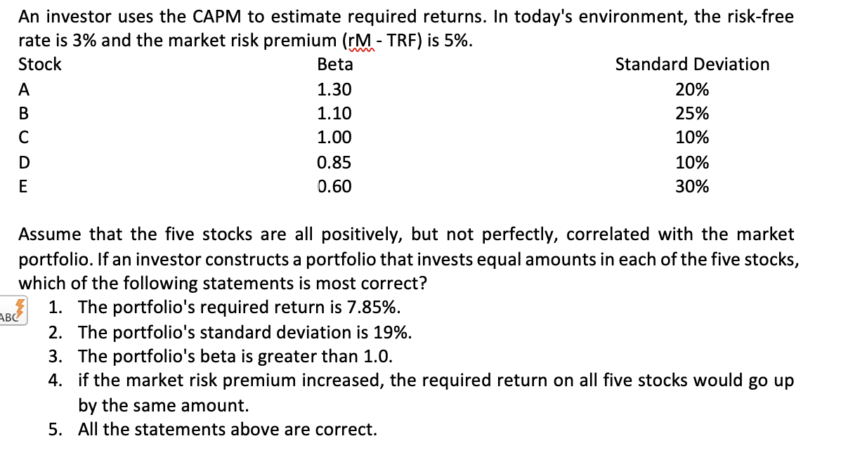 An Investor Uses The Capm To Estimate Required Returns In Today S Environment The Risk Free Rate Is 3 And The Market 1