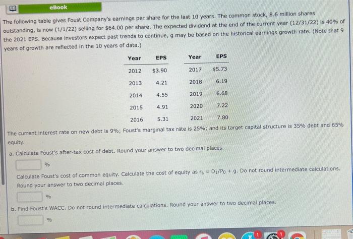 B Ebook The Following Table Gives Foust Company S Earnings Per Share For The Last 10 Years The Common Stock 8 6 Millio 1
