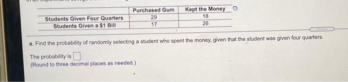 Students Given Four Quarters Students Given A 1 Bill Purchased Gum 29 17 Kept The Money 18 26 A Find The Probabili 1
