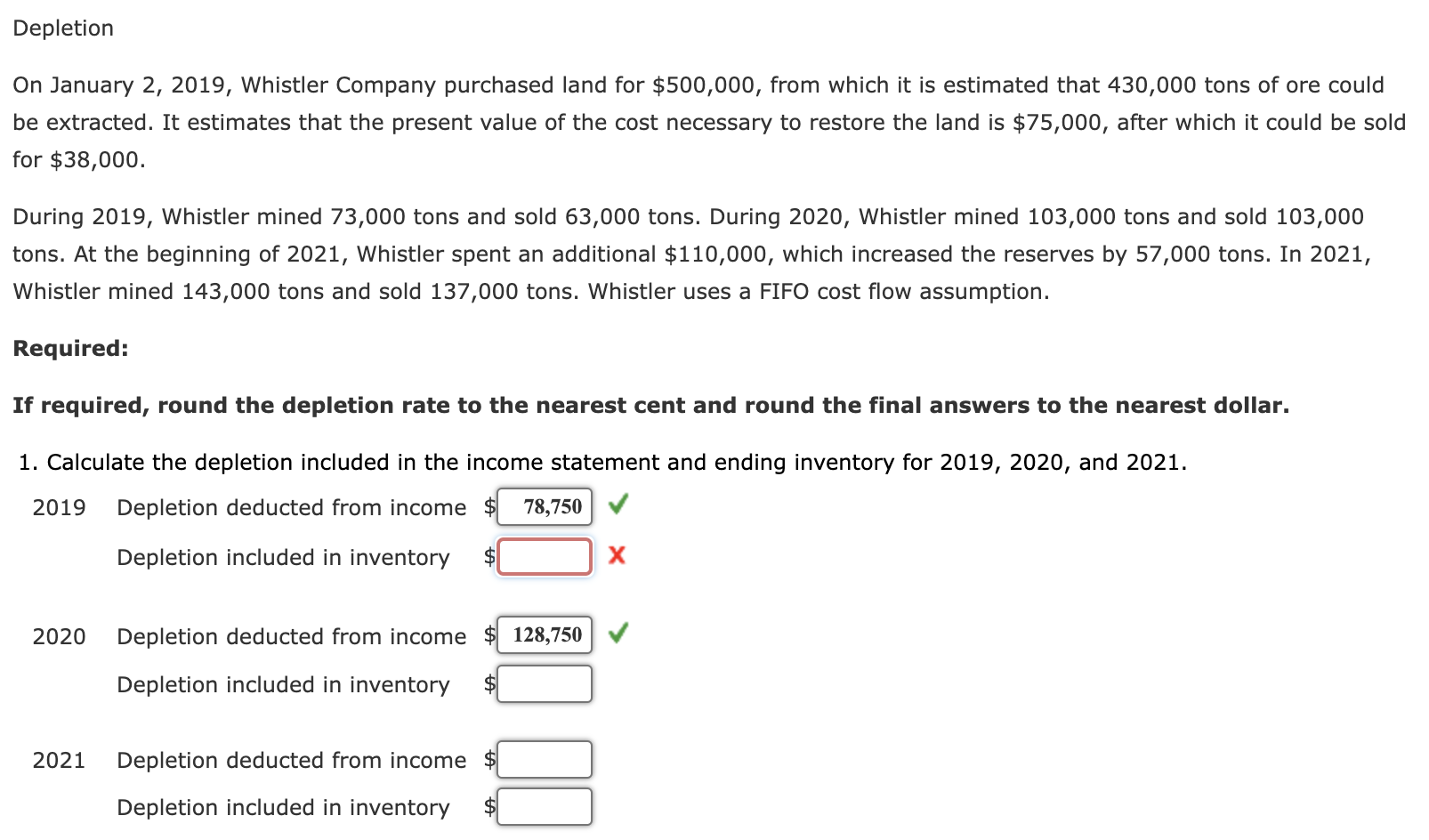 Depletion On January 2 2019 Whistler Company Purchased Land For 500 000 From Which It Is Estimated That 430 000 Tons 1