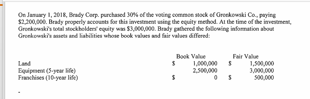 On January 1 2018 Brady Corp Purchased 30 Of The Voting Common Stock Of Gronkowski Co Paying 2 200 000 Brady Pro 1