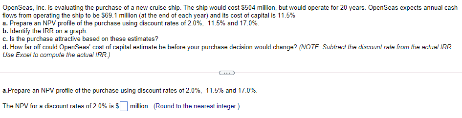 Openseas Inc Is Evaluating The Purchase Of A New Cruise Ship The Ship Would Cost 5504 Million But Would Operate For 1