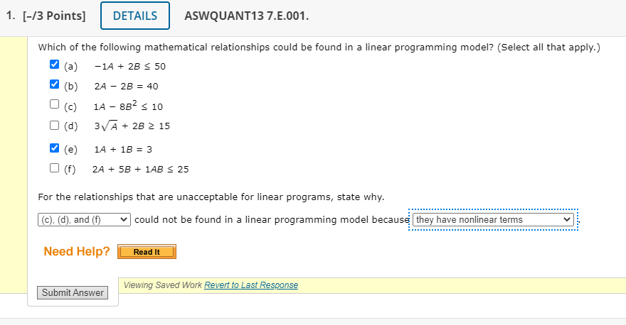 1 3 Points Details Aswquant13 7 E 001 Which Of The Following Mathematical Relationships Could Be Found In A Linear 1