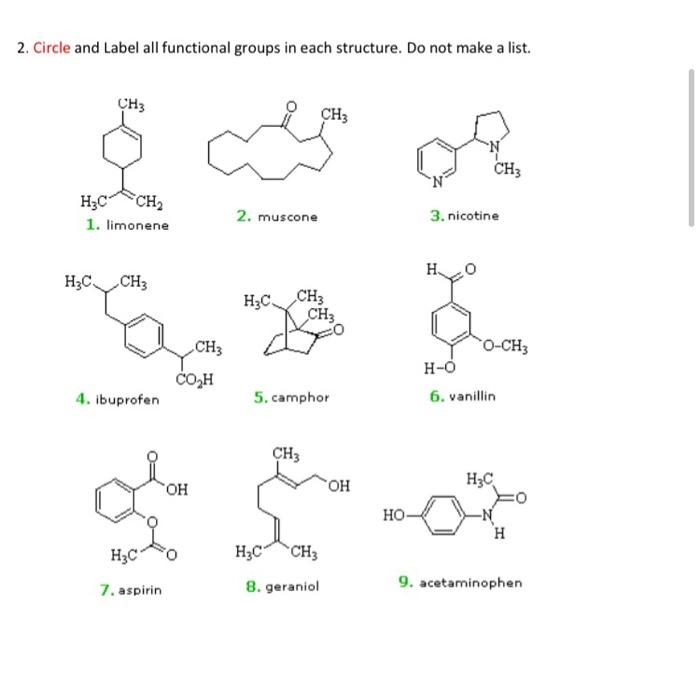 2 circle and label all functional groups in each structure do not