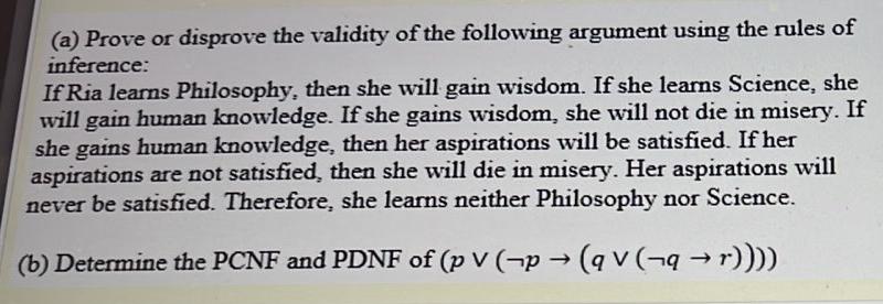 A Prove Or Disprove The Validity Of The Following Argument Using The Rules Of Inference If Ria Learns Philosophy The 1