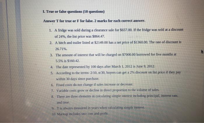 I True Or False Questions 10 Questions Answer T For True Or F For False 2 Marks For Each Correct Answer 1 A Fridge 1