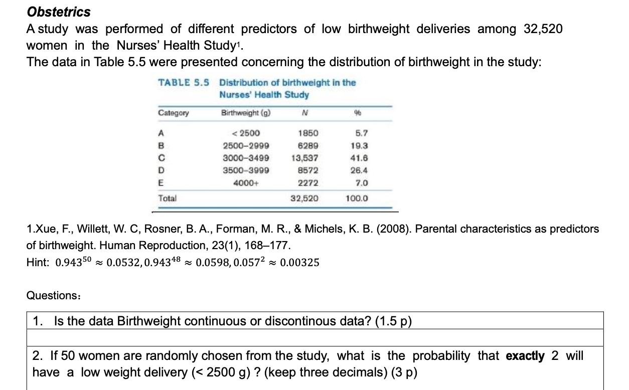 Obstetrics A Study Was Performed Of Different Predictors Of Low Birthweight Deliveries Among 32 520 Women In The Nurses 1