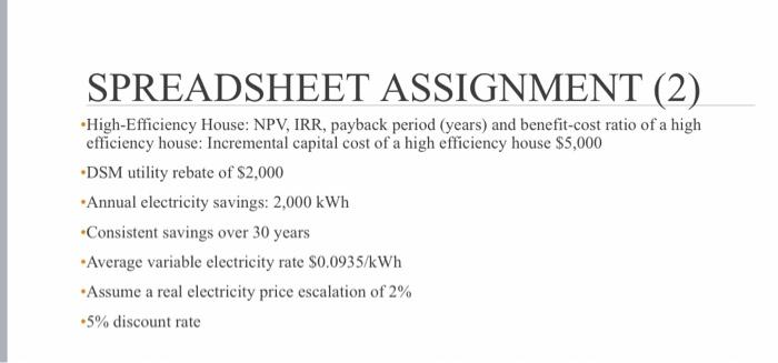 Spreadsheet Assignment 2 High Efficiency House Npv Irr Payback Period Years And Benefit Cost Ratio Of A High Effi 1
