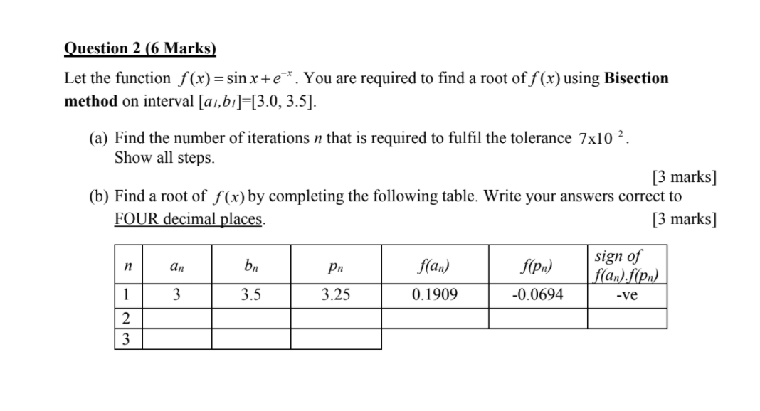 Question 2 6 Marks Let The Function F X Sin X E You Are Required To Find A Root Of F X Using Bisection Method On I 1