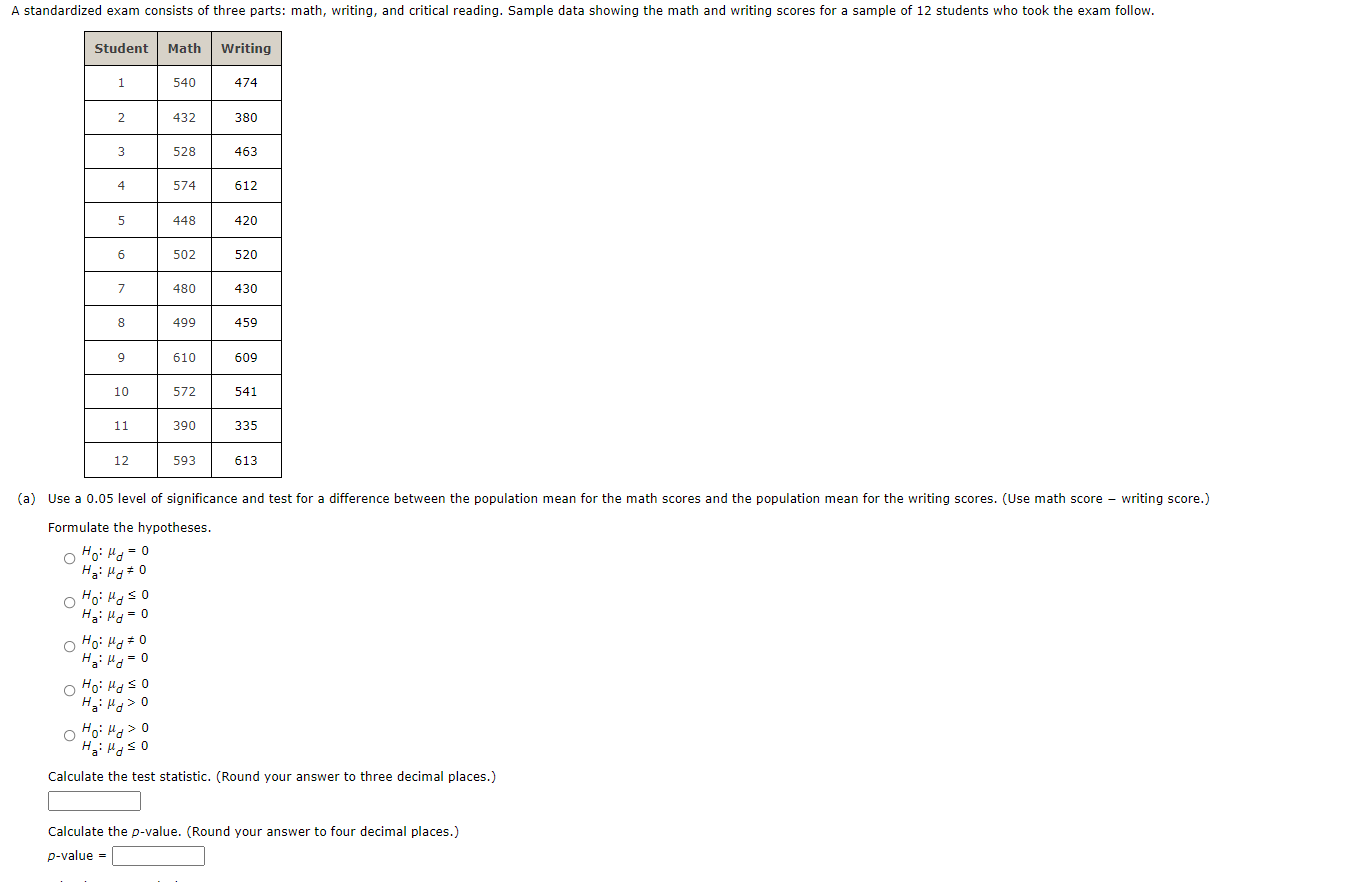 A Standardized Exam Consists Of Three Parts Math Writing And Critical Reading Sample Data Showing The Math And Writi 1