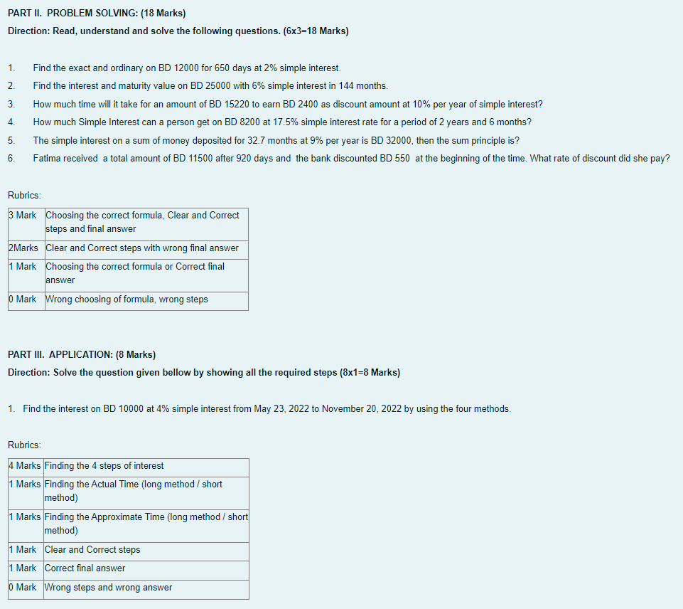 Part Ii Problem Solving 18 Marks Direction Read Understand And Solve The Following Questions 6x3 18 Marks 1 2 1