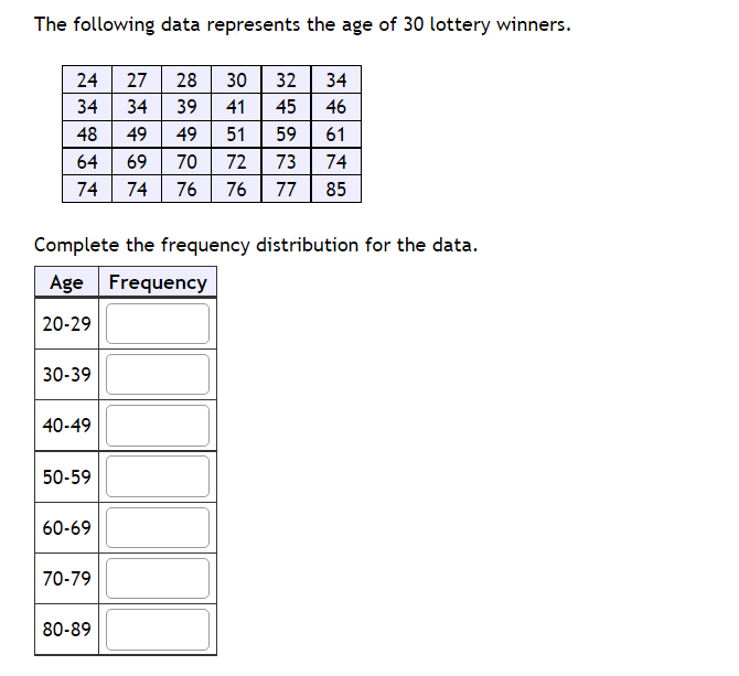 The Following Data Represents The Age Of 30 Lottery Winners 24 28 32 34 39 48 64 74 27 34 49 69 74 49 70 76 30 41 51 72 1