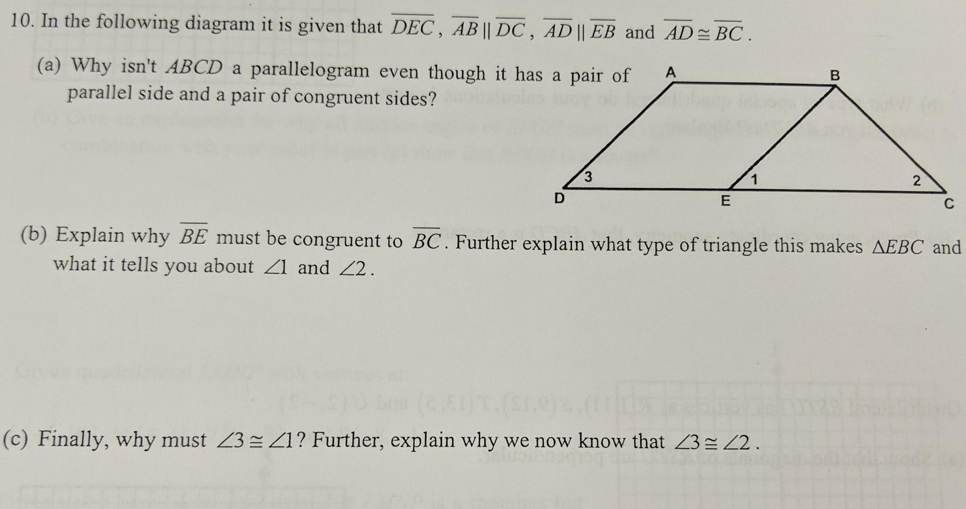10 In The Following Diagram It Is Given That Dec Ab Dc Ad Eb And Ad Bc A A Why Isn T Abcd A Parallelogram 1