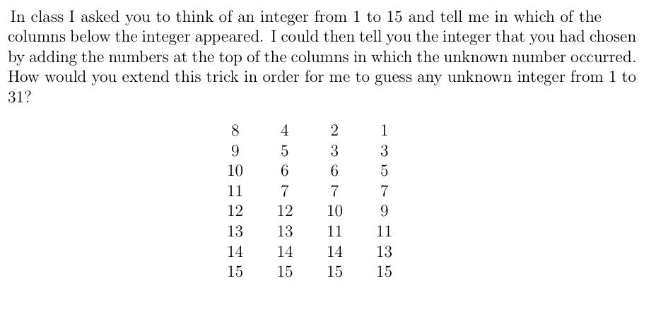 In Class I Asked You To Think Of An Integer From 1 To 15 And Tell Me In Which Of The Columns Below The Integer Appeared 1