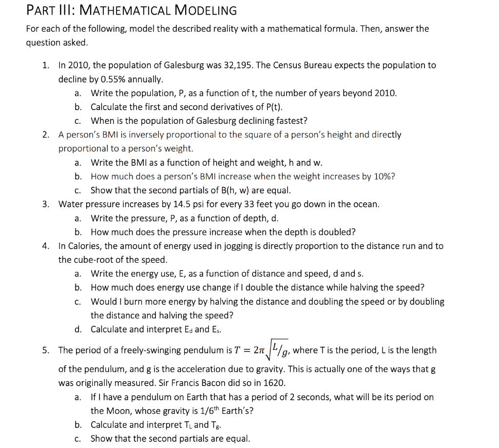 Part Iii Mathematical Modeling For Each Of The Following Model The Described Reality With A Mathematical Formula Then 1