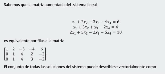 Sabemos Que La Matriz Aumentada Del Sistema Lineal X1 2x2 3x3 4x4 6 X1 3x2 X3 2x4 4 2x1 5x2 2x3 1