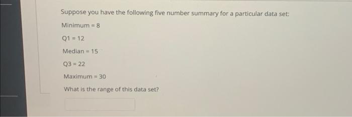 Suppose You Have The Following Five Number Summary For A Particular Data Set Minimum 8 Q1 12 Median 15 Q3 22 Ma 1