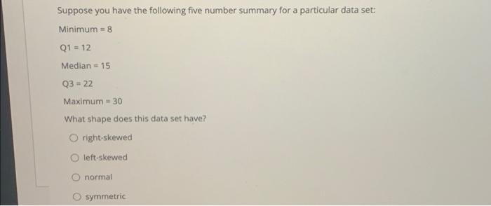 Suppose You Have The Following Five Number Summary For A Particular Data Set Minimum 8 Q1 12 Median 15 Q3 22 Ma 1