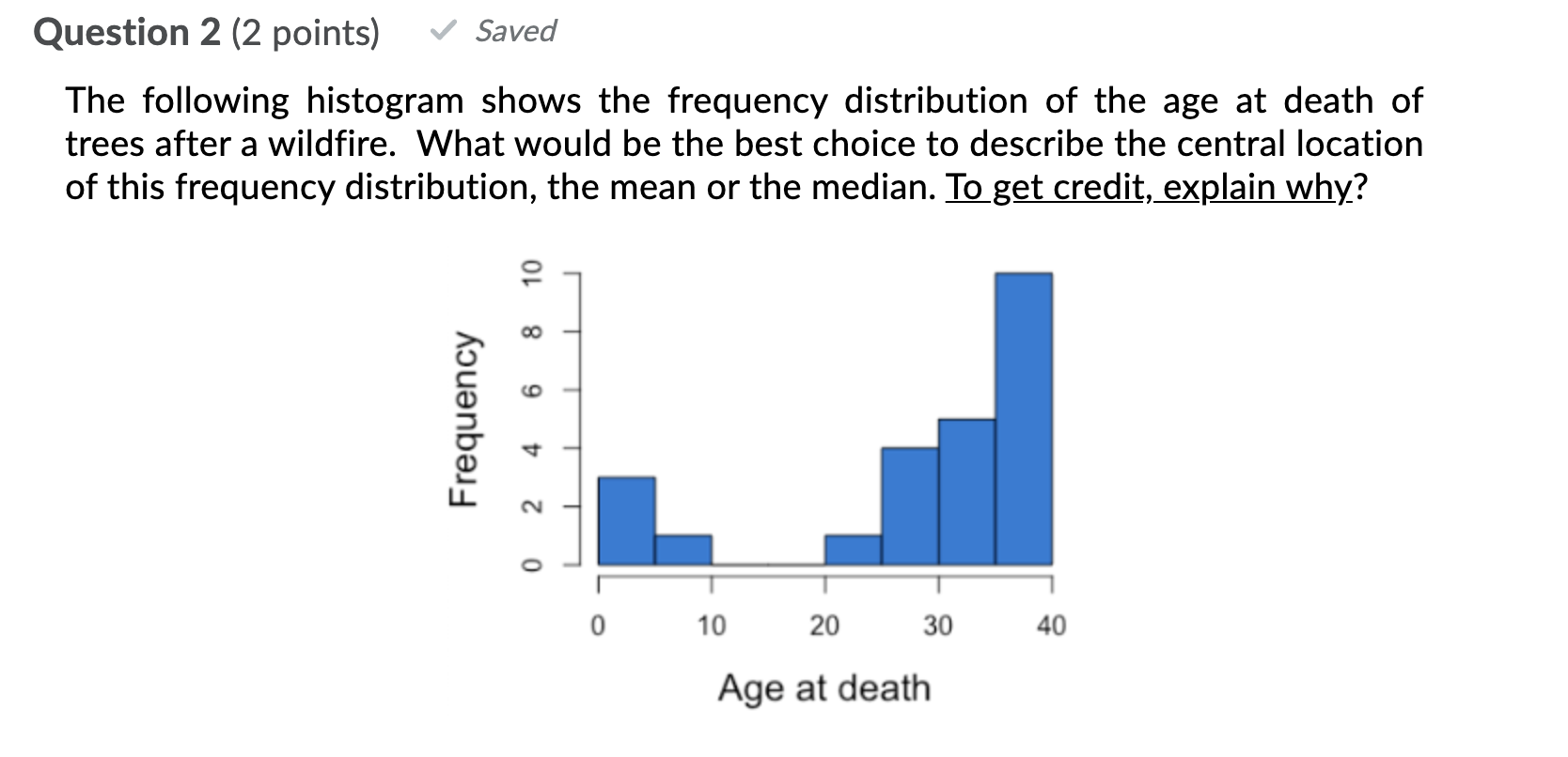 Question 2 2 Points Saved The Following Histogram Shows The Frequency Distribution Of The Age At Death Of Trees After 1