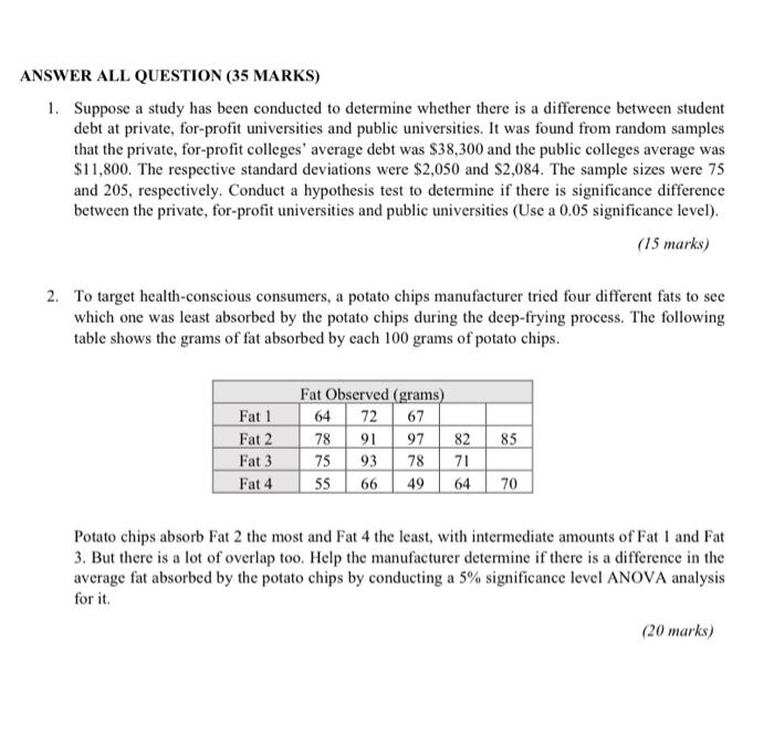 Answer All Question 35 Marks 1 Suppose A Study Has Been Conducted To Determine Whether There Is A Difference Between 1