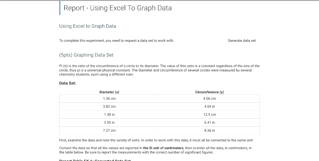 Report Using Excel To Graph Data Using Excel To Graph Data To Complete This Experiment You Need To Request A Data Set 1