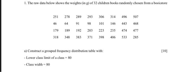 1 The Raw Data Below Shows The Weights In G Of 32 Children Books Randomly Chosen From A Bookstore 251 278 289 293 306 1