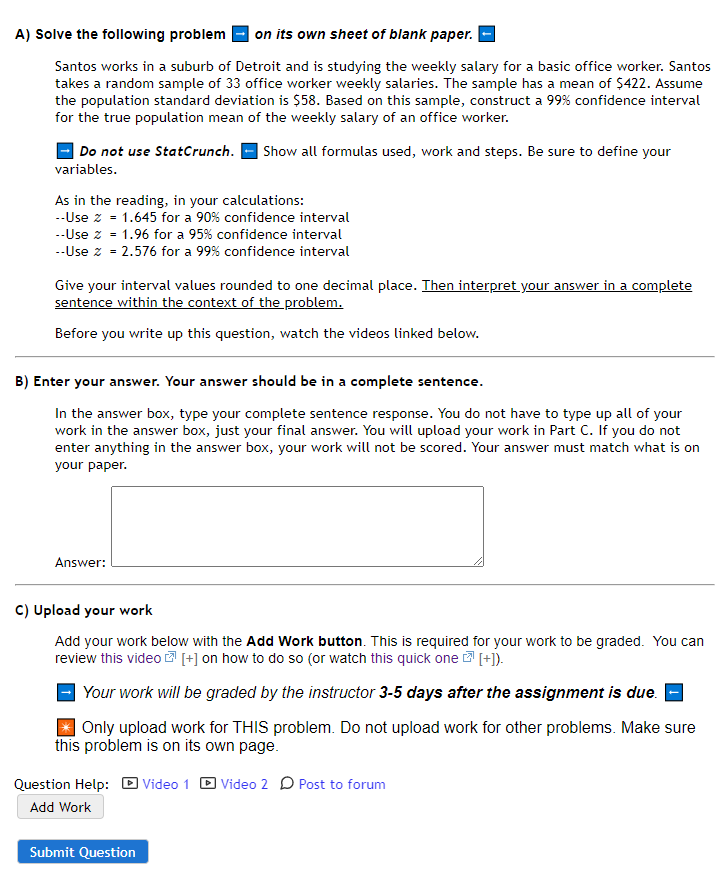 A Solve The Following Problem On Its Own Sheet Of Blank Paper Santos Works In A Suburb Of Detroit And Is Studying The 1
