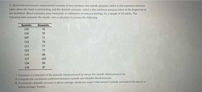 4 13pts A Blood Pressure Measurement Consists Of Two Numbers The Systolic Pressure Which Is The Maximum Pressure Take 1