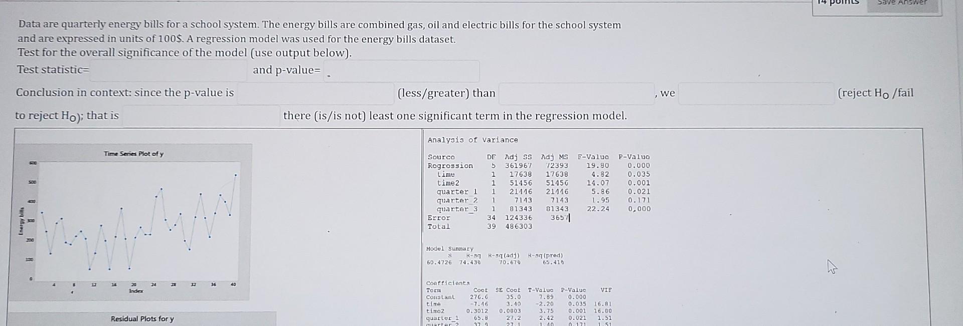 Analysis Of Variance Ta Source Regression Line Time2 Quarter 1 Quarter 2 Quarter 3 Error Total De Adj 99 Adj Ms 5 361967 2