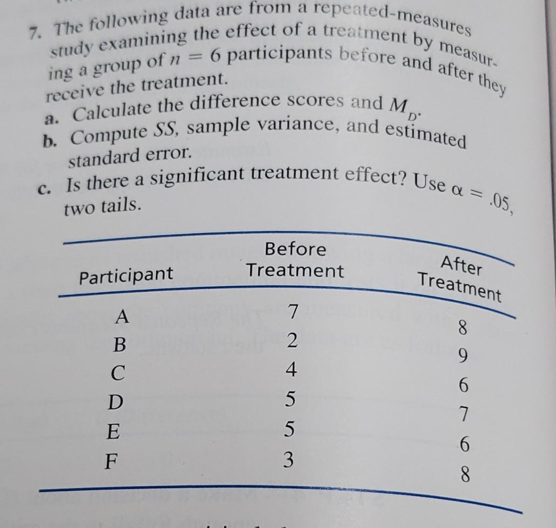 7 The Following Data Are From A Repeated Measures Study Examining The Effect Of A Treatment By Measur They A Calcul 1