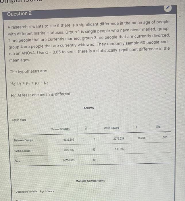 Question 2 A Researcher Wants To See If There Is A Significant Difference In The Mean Age Of People A With Different Mar 1