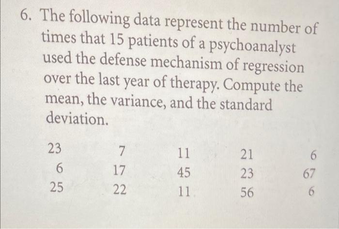 6 The Following Data Represent The Number Of Times That 15 Patients Of A Psychoanalyst Used The Defense Mechanism Of Re 1