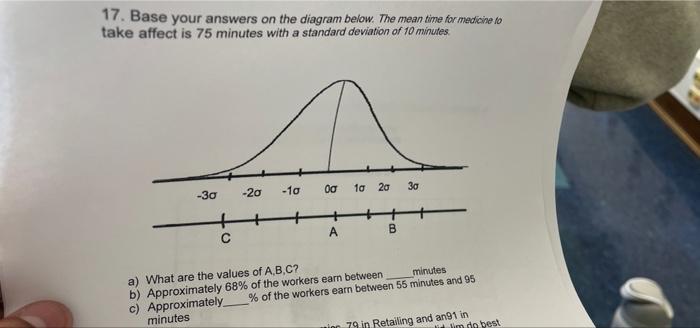 17 Base Your Answers On The Diagram Below The Mean Time For Medicine To Take Affect Is 75 Minutes With A Standard Devi 1