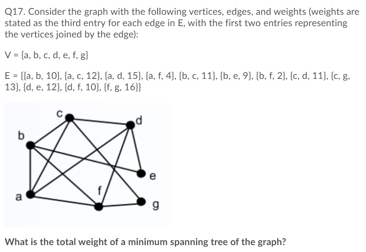 Q17 Consider The Graph With The Following Vertices Edges And Weights Weights Are Stated As The Third Entry For Each 1