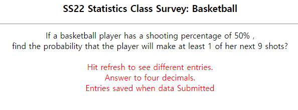 Ss22 Statistics Class Survey Basketball If A Basketball Player Has A Shooting Percentage Of 50 Find The Probability T 1