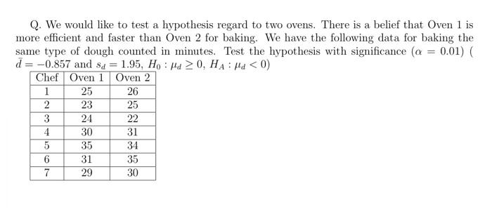 Q We Would Like To Test A Hypothesis Regard To Two Ovens There Is A Belief That Oven 1 Is More Efficient And Faster Th 1