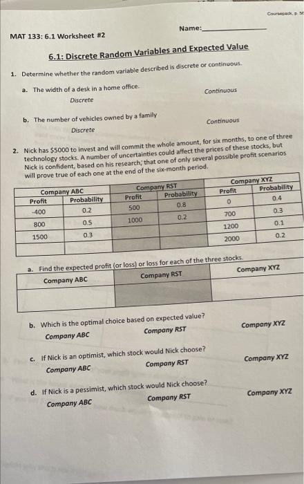 Cork Name Mat 133 6 1 Worksheet 2 6 1 Discrete Random Variables And Expected Value 1 Determine Whether The Random V 1