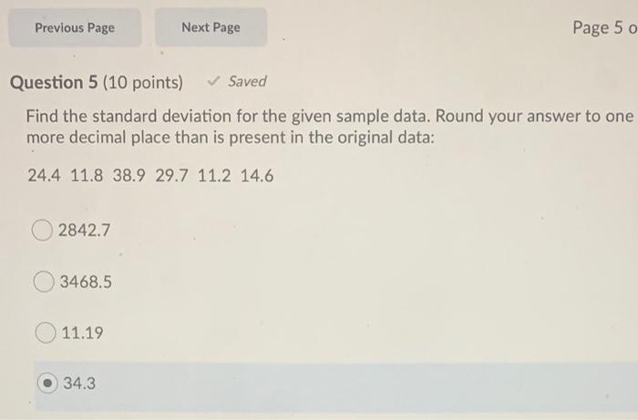 Previous Page Next Page Page 50 Question 5 10 Points Saved Find The Standard Deviation For The Given Sample Data Roun 1