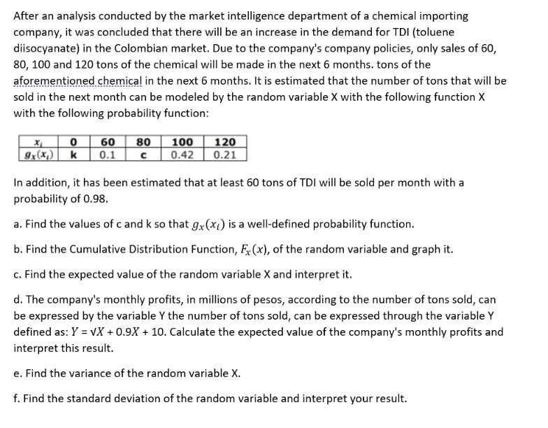 After An Analysis Conducted By The Market Intelligence Department Of A Chemical Importing Company It Was Concluded That 1