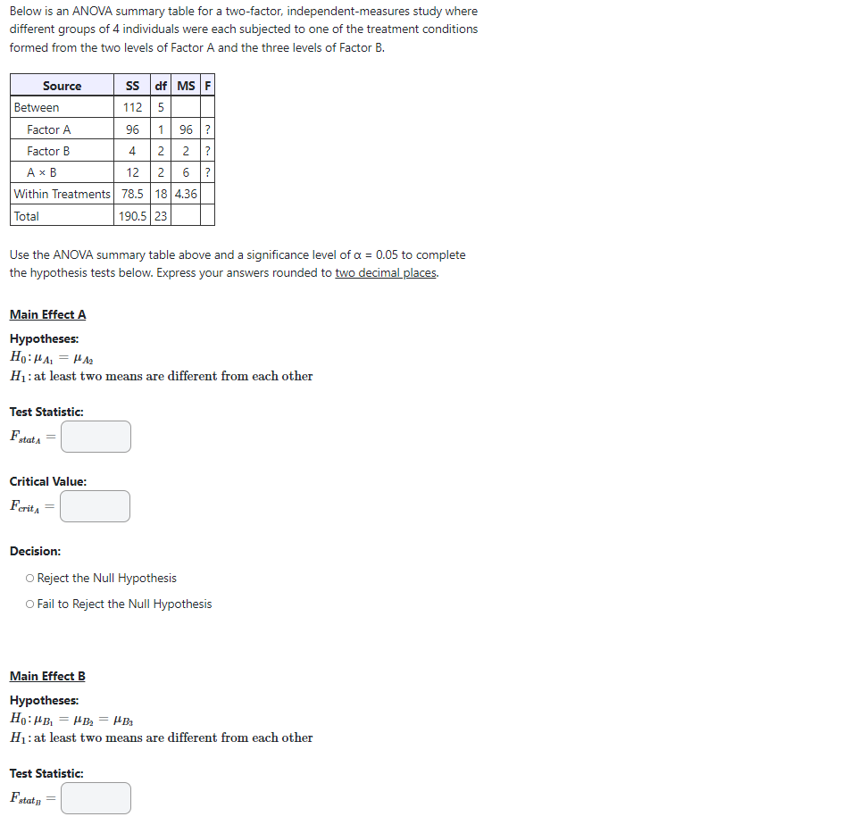 Below Is An Anova Summary Table For A Two Factor Independent Measures Study Where Different Groups Of 4 Individuals Wer 1